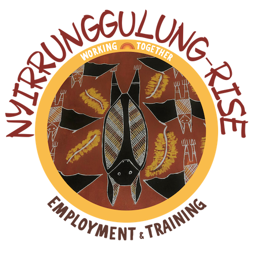 Nyirrunggulung Rise logo - image of red, brown and yellow elements reading Nyirrunggulung-Rise Employment and Training